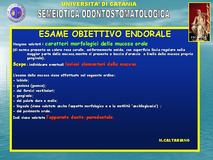 UNIVERSITA’ DI CATANIA ESAME OBIETTIVO ENDORALE Vengono valutati i caratteri morfologici della mucosa orale