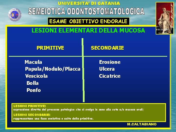 UNIVERSITA’ DI CATANIA ESAME OBIETTIVO ENDORALE LESIONI ELEMENTARI DELLA MUCOSA PRIMITIVE ESCULAPIO SECONDARIE Macula