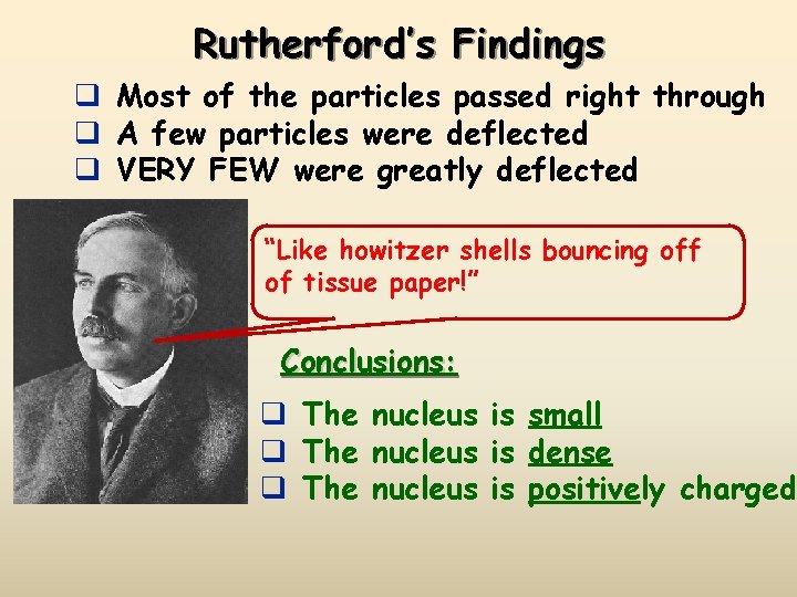 Rutherford’s Findings q Most of the particles passed right through q A few particles