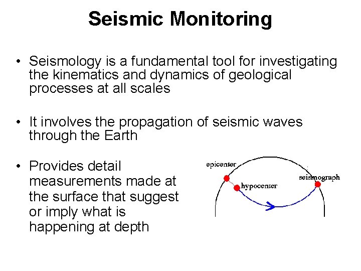 Seismic Monitoring • Seismology is a fundamental tool for investigating the kinematics and dynamics