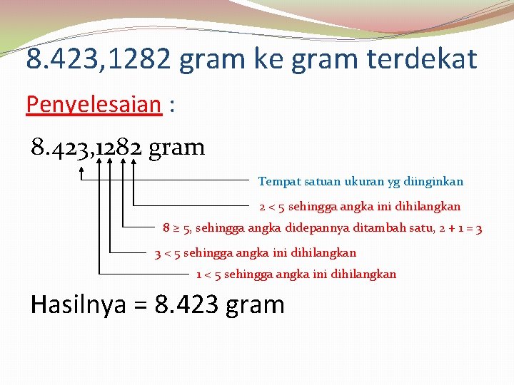 8. 423, 1282 gram ke gram terdekat Penyelesaian : 8. 423, 1282 gram Tempat