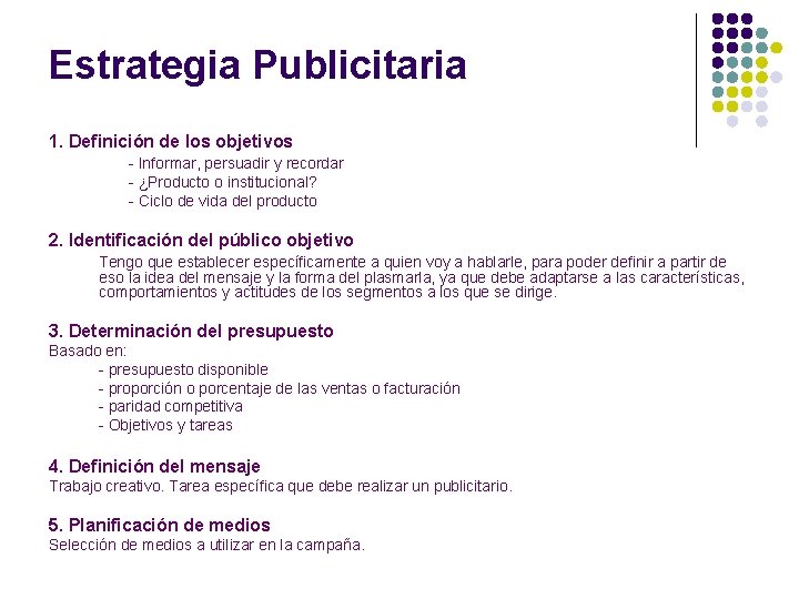 Estrategia Publicitaria 1. Definición de los objetivos - Informar, persuadir y recordar - ¿Producto