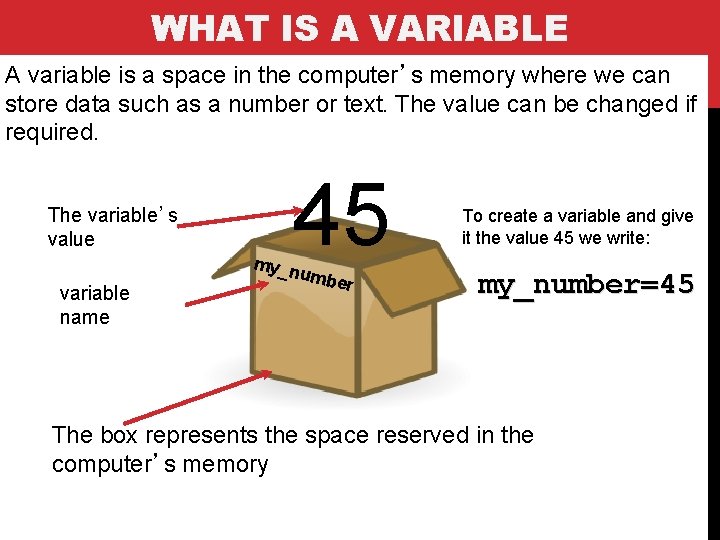 WHAT IS A VARIABLE A variable is a space in the computer’s memory where