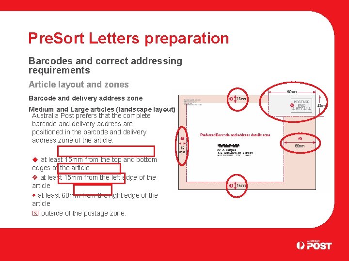 Pre. Sort Letters preparation Barcodes and correct addressing requirements Article layout and zones Barcode