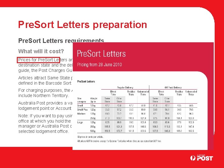 Pre. Sort Letters preparation Pre. Sort Letters requirements What will it cost? Prices for