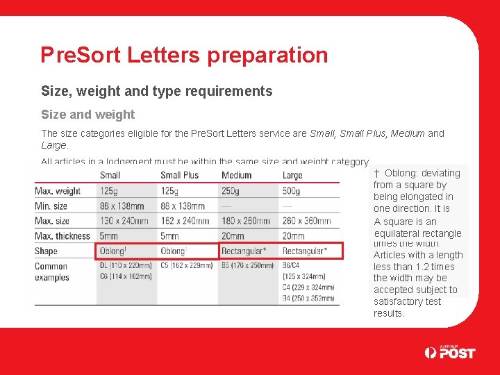 Pre. Sort Letters preparation Size, weight and type requirements Size and weight The size