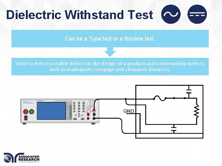 Dielectric Withstand Test Can be a Type test or a Routine test. Used to