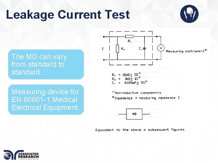 Leakage Current Test The MD can vary from standard to standard. Measuring device for