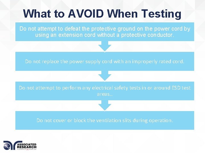 What to AVOID When Testing Do not attempt to defeat the protective ground on