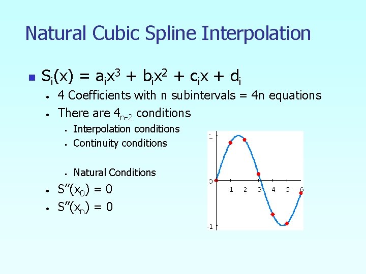 Natural Cubic Spline Interpolation n Si(x) = aix 3 + bix 2 + cix