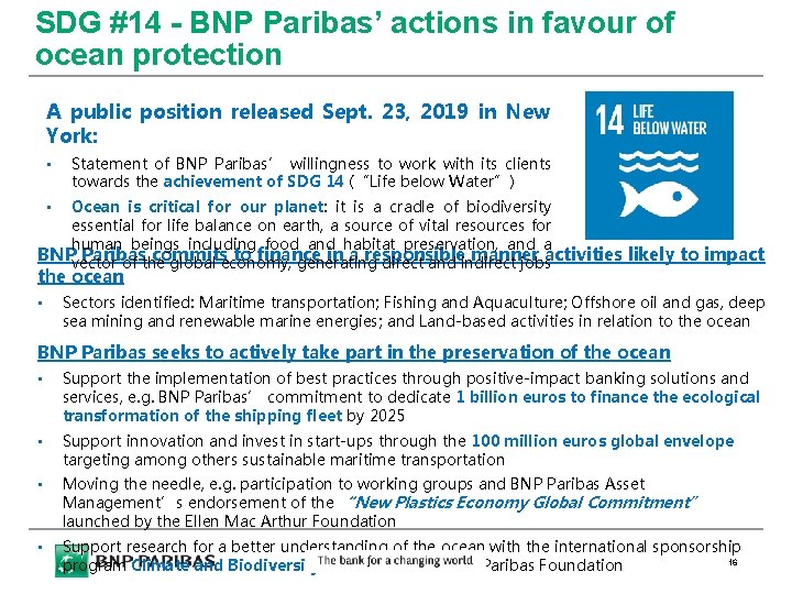 SDG #14 - BNP Paribas’ actions in favour of ocean protection A public position