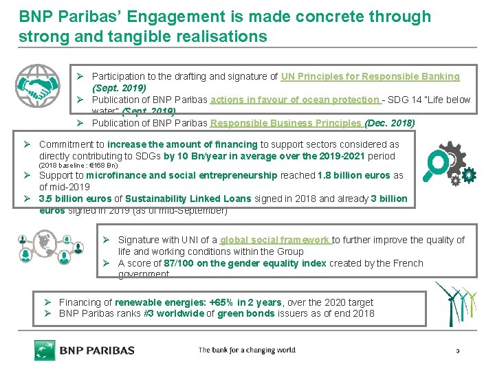 BNP Paribas’ Engagement is made concrete through strong and tangible realisations Ø Participation to