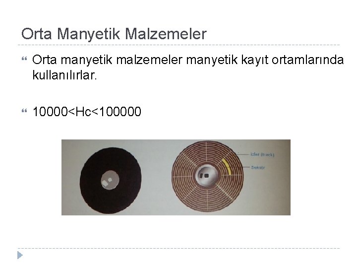 Orta Manyetik Malzemeler Orta manyetik malzemeler manyetik kayıt ortamlarında kullanılırlar. 10000<Hc<100000 