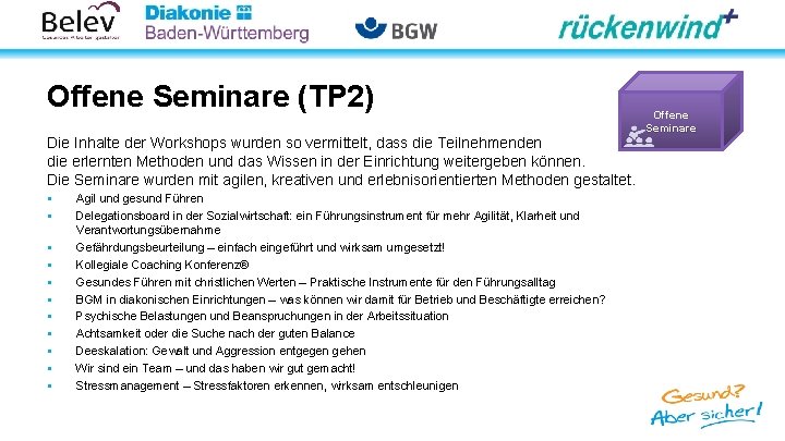 Offene Seminare (TP 2) Die Inhalte der Workshops wurden so vermittelt, dass die Teilnehmenden