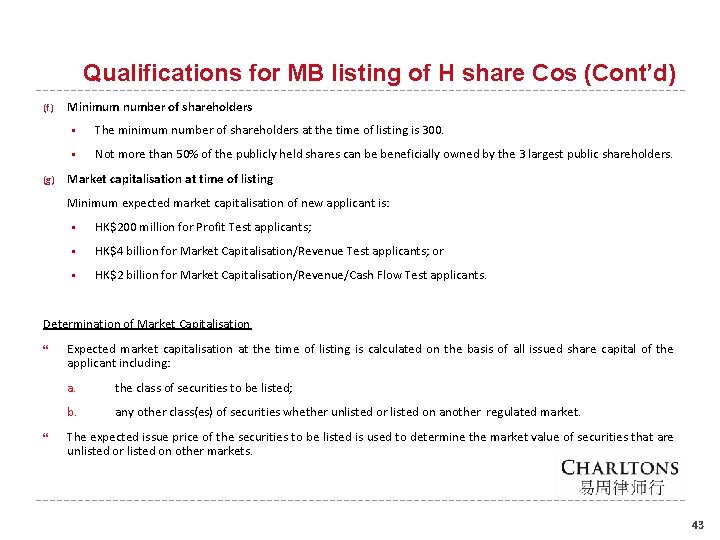 Qualifications for MB listing of H share Cos (Cont’d) (f) Minimum number of shareholders