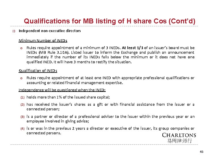 Qualifications for MB listing of H share Cos (Cont’d) (l) Independent non-executive directors Minimum