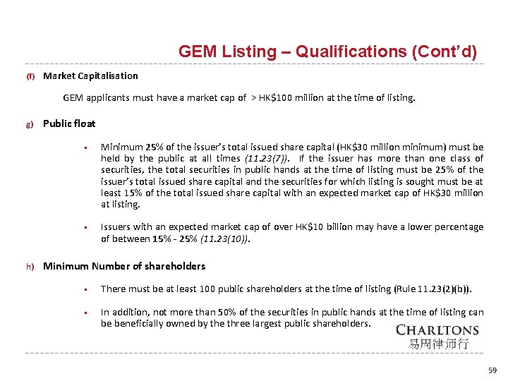 GEM Listing – Qualifications (Cont’d) (f) Market Capitalisation GEM applicants must have a market