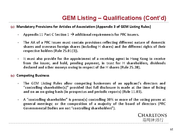 GEM Listing – Qualifications (Cont’d) (p) (q) Mandatory Provisions for Articles of Association (Appendix