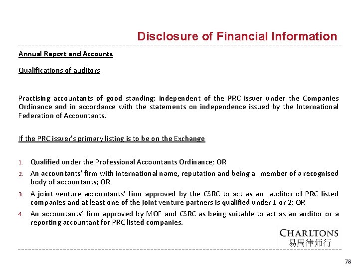 Disclosure of Financial Information Annual Report and Accounts Qualifications of auditors Practising accountants of