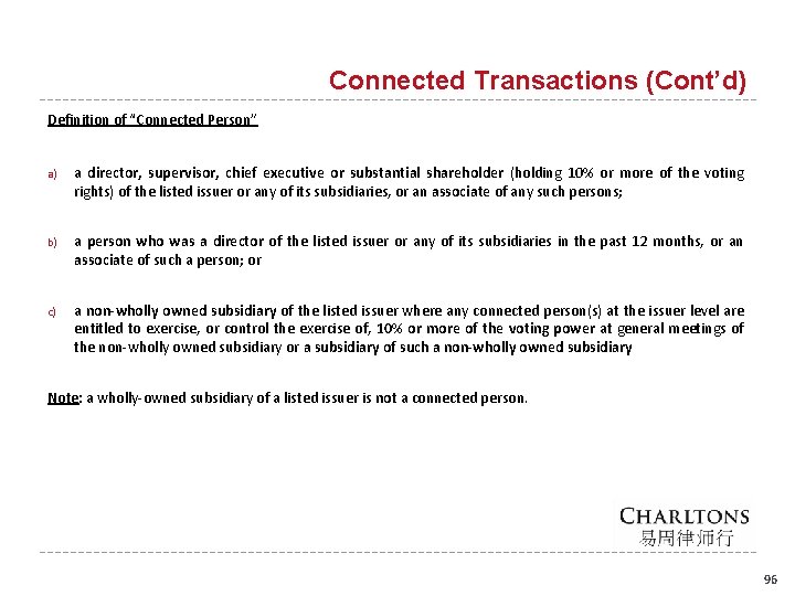 Connected Transactions (Cont’d) Definition of “Connected Person” a) a director, supervisor, chief executive or