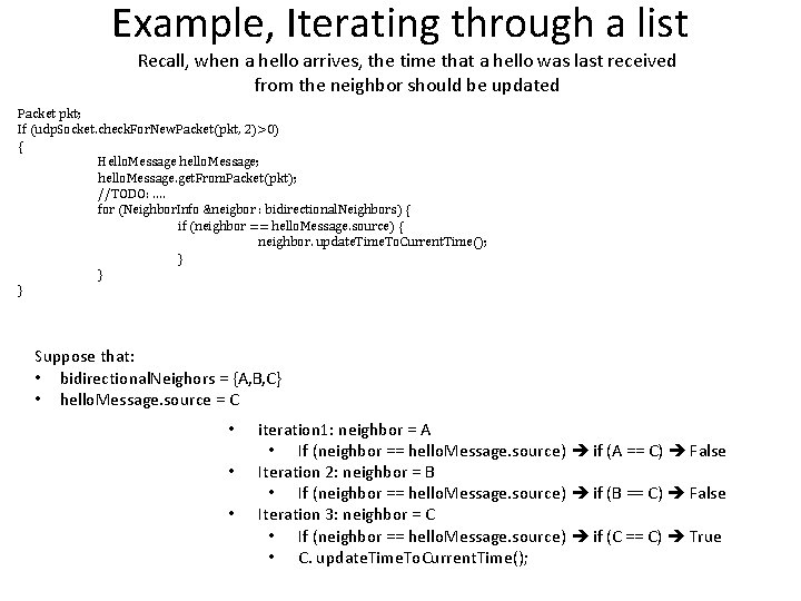 Example, Iterating through a list Recall, when a hello arrives, the time that a