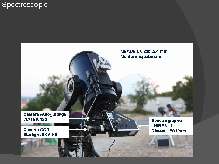 Spectroscopie MEADE LX 200 254 mm Monture équatoriale Caméra Autoguidage WATEK 120 Caméra CCD