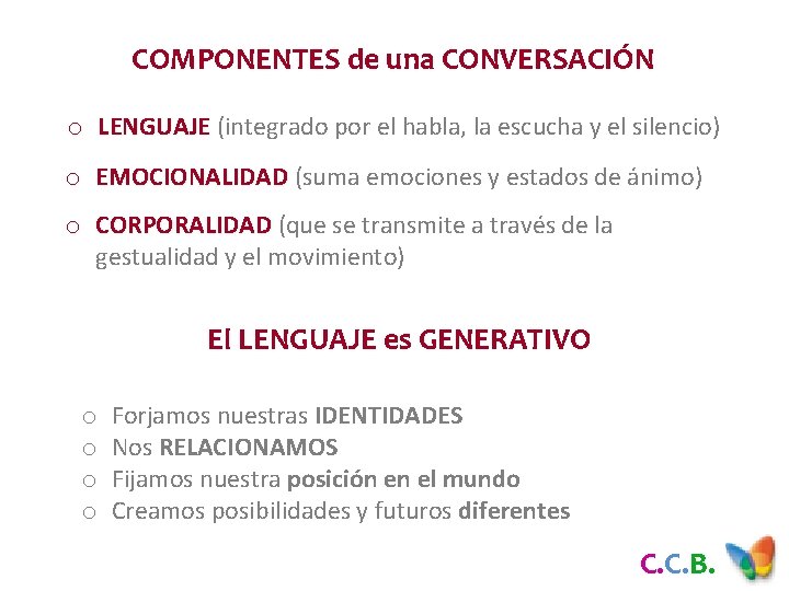 COMPONENTES de una CONVERSACIÓN o LENGUAJE (integrado por el habla, la escucha y el