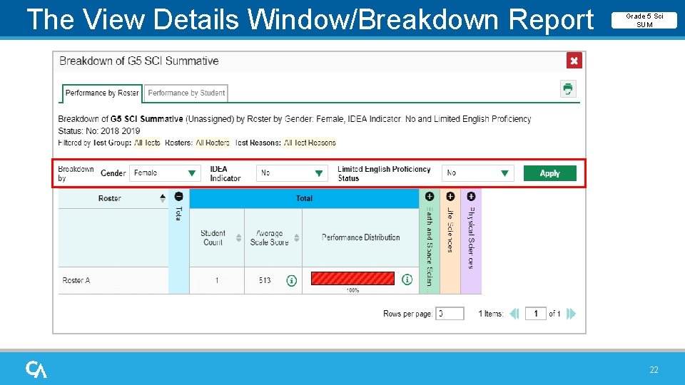 The View Details Window/Breakdown Report Grade 5 Sci SUM 22 