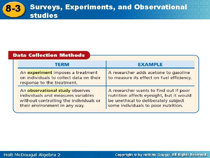 8 -3 Surveys, Experiments, and Observational studies Holt Mc. Dougal Algebra 2 