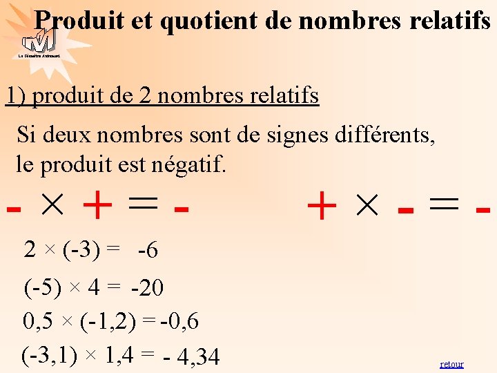 Produit et quotient de nombres relatifs La Géométrie Autrement 1) produit de 2 nombres