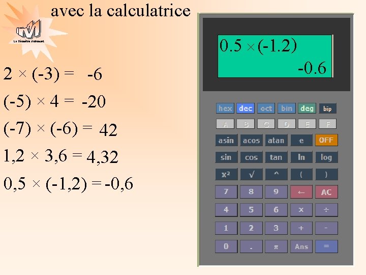 avec la calculatrice La Géométrie Autrement 2 × (-3) = -6 (-5) × 4