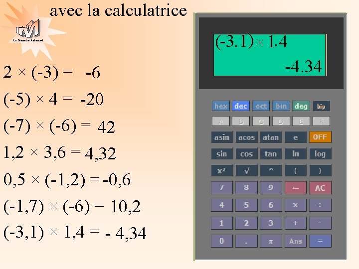 avec la calculatrice La Géométrie Autrement 2 × (-3) = -6 (-5) × 4