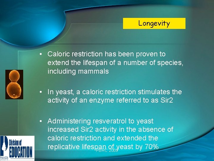 Longevity • Caloric restriction has been proven to extend the lifespan of a number