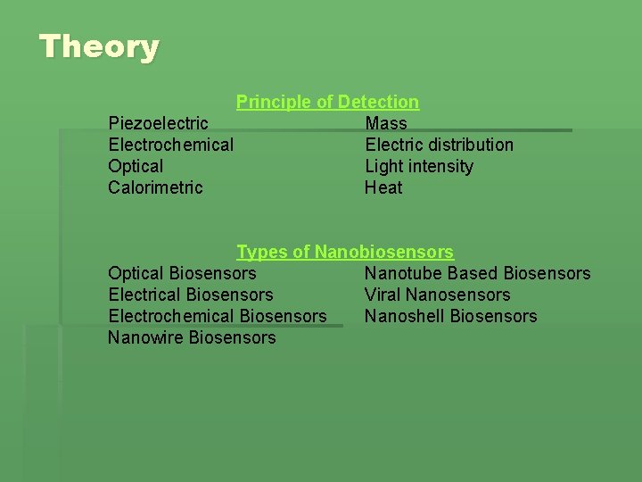 Theory Principle of Detection Piezoelectric Mass Electrochemical Electric distribution Optical Light intensity Calorimetric Heat