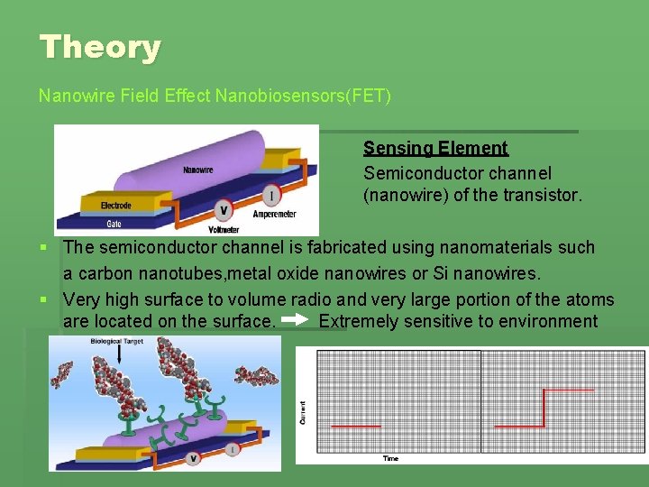 Theory Nanowire Field Effect Nanobiosensors(FET) Sensing Element Semiconductor channel (nanowire) of the transistor. §