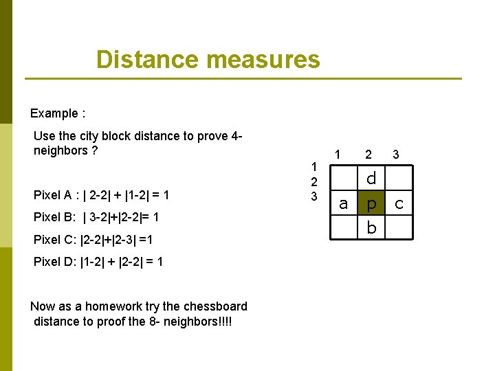 Distance measures Example : Use the city block distance to prove 4 neighbors ?