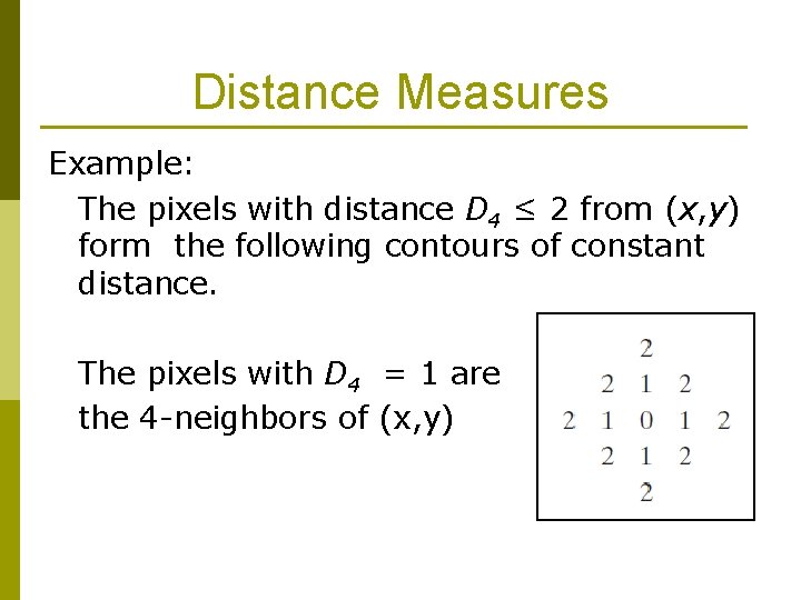 Distance Measures Example: The pixels with distance D 4 ≤ 2 from (x, y)