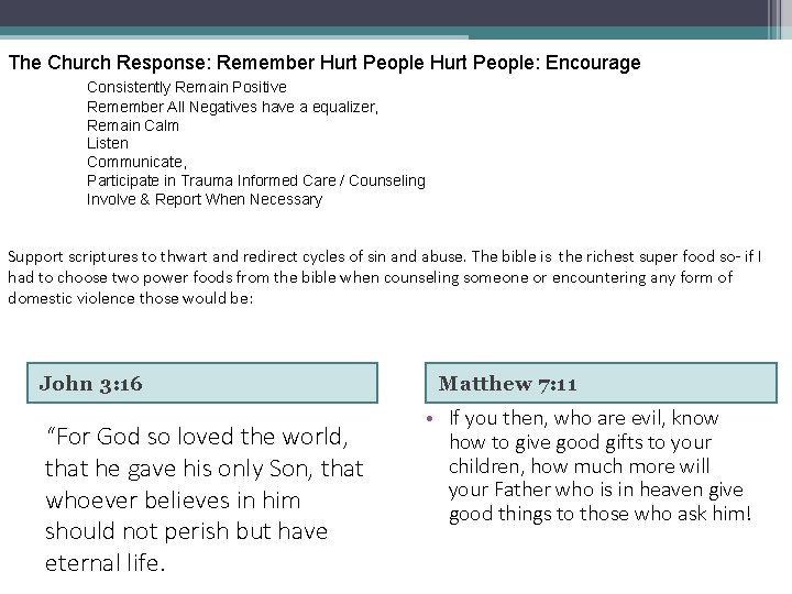 The Church Response: Remember Hurt People: Encourage Consistently Remain Positive Remember All Negatives have