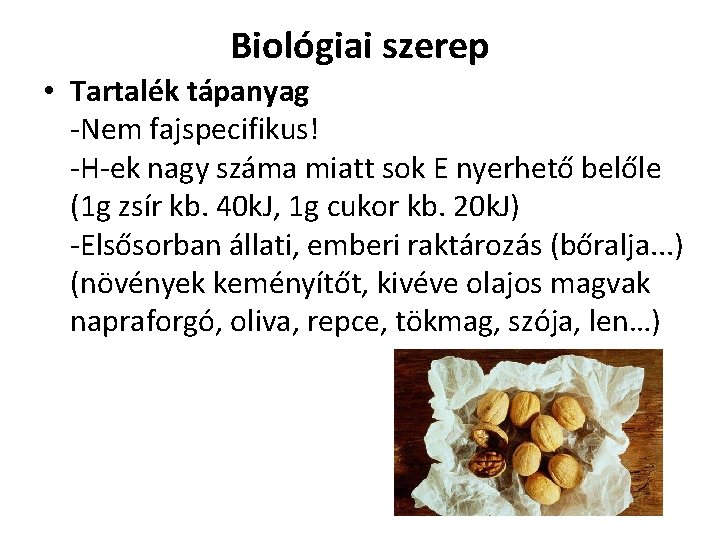 Biológiai szerep • Tartalék tápanyag -Nem fajspecifikus! -H-ek nagy száma miatt sok E nyerhető