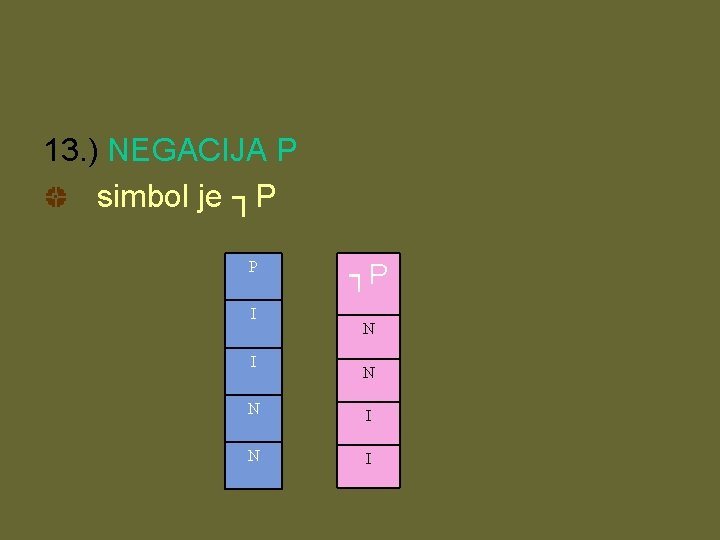 13. ) NEGACIJA P simbol je ┐P P I I ┐P N N N