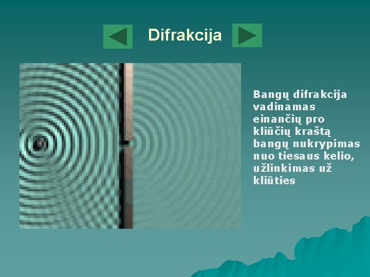 Difrakcija Bangų difrakcija vadinamas einančių pro kliūčių kraštą bangų nukrypimas nuo tiesaus kelio, užlinkimas