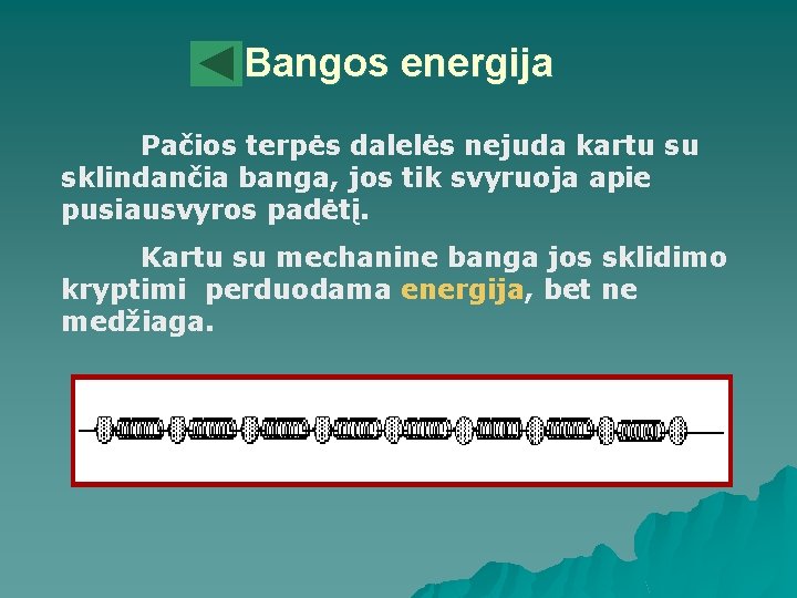 Bangos energija Pačios terpės dalelės nejuda kartu su sklindančia banga, jos tik svyruoja apie