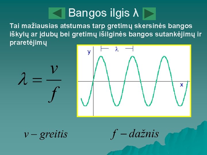 Bangos ilgis λ Tai mažiausias atstumas tarp gretimų skersinės bangos iškylų ar įdubų bei