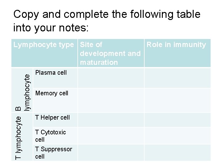 Copy and complete the following table into your notes: T lymphocyte B lymphocyte Lymphocyte