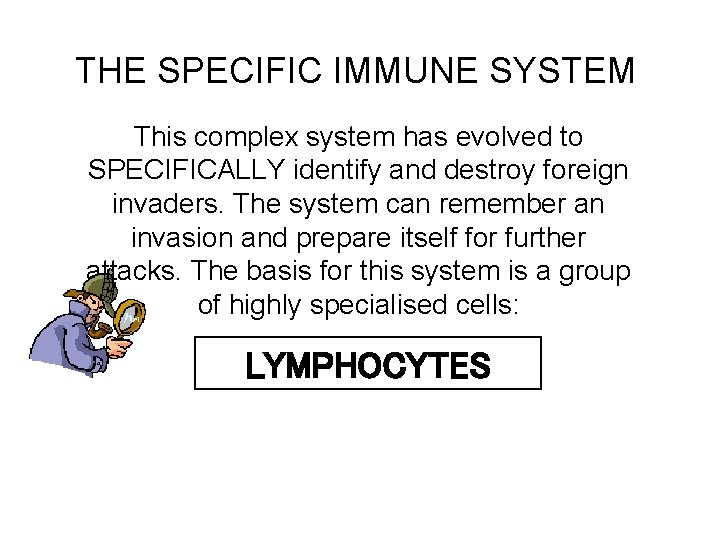 THE SPECIFIC IMMUNE SYSTEM This complex system has evolved to SPECIFICALLY identify and destroy