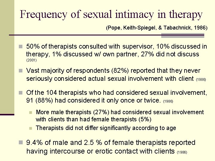 Frequency of sexual intimacy in therapy (Pope, Keith-Spiegel, & Tabachnick, 1986) n 50% of