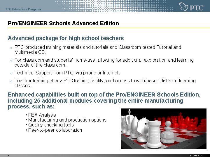 Pro/ENGINEER Schools Advanced Edition Advanced package for high school teachers PTC-produced training materials and