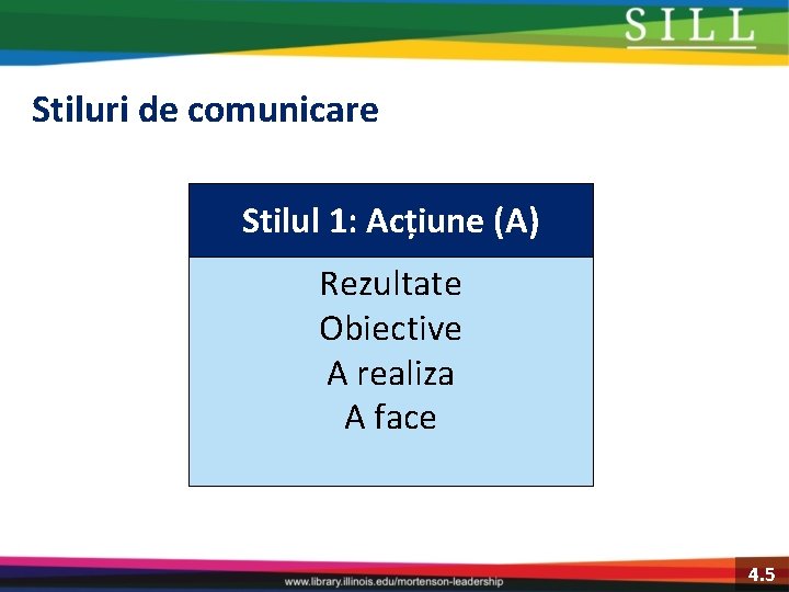 Stiluri de comunicare Stilul 1: Acțiune (A) Rezultate Obiective A realiza A face 4.