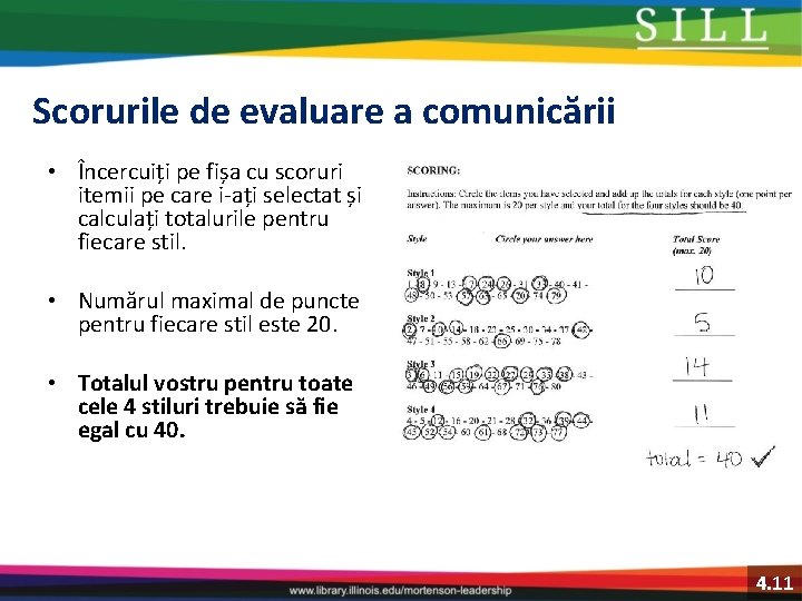 Scorurile de evaluare a comunicării • Încercuiți pe fișa cu scoruri itemii pe care