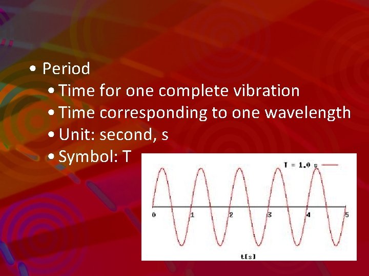  • Period • Time for one complete vibration • Time corresponding to one